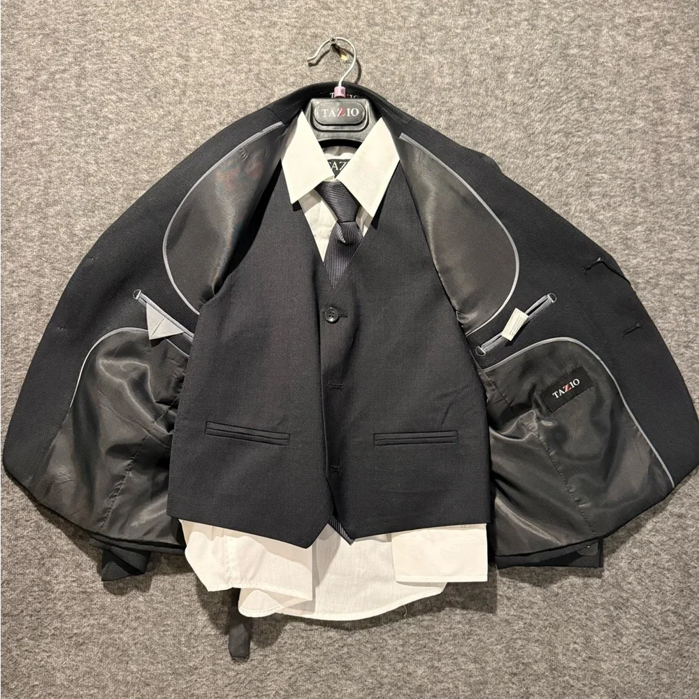 Tazio Suit Set Youth Boys sz 6 gray 4 piece jacket tie vest shirt Slim *No Pants